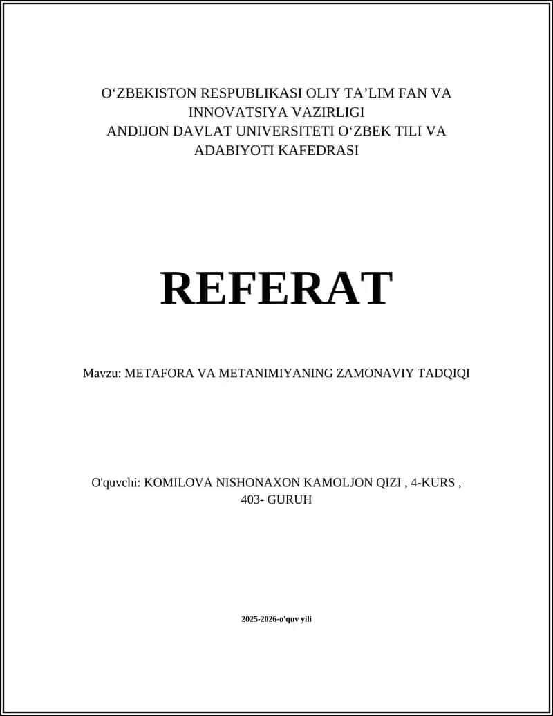 METAFORA VA METANIMIYANING ZAMONAVIY TADQIQI