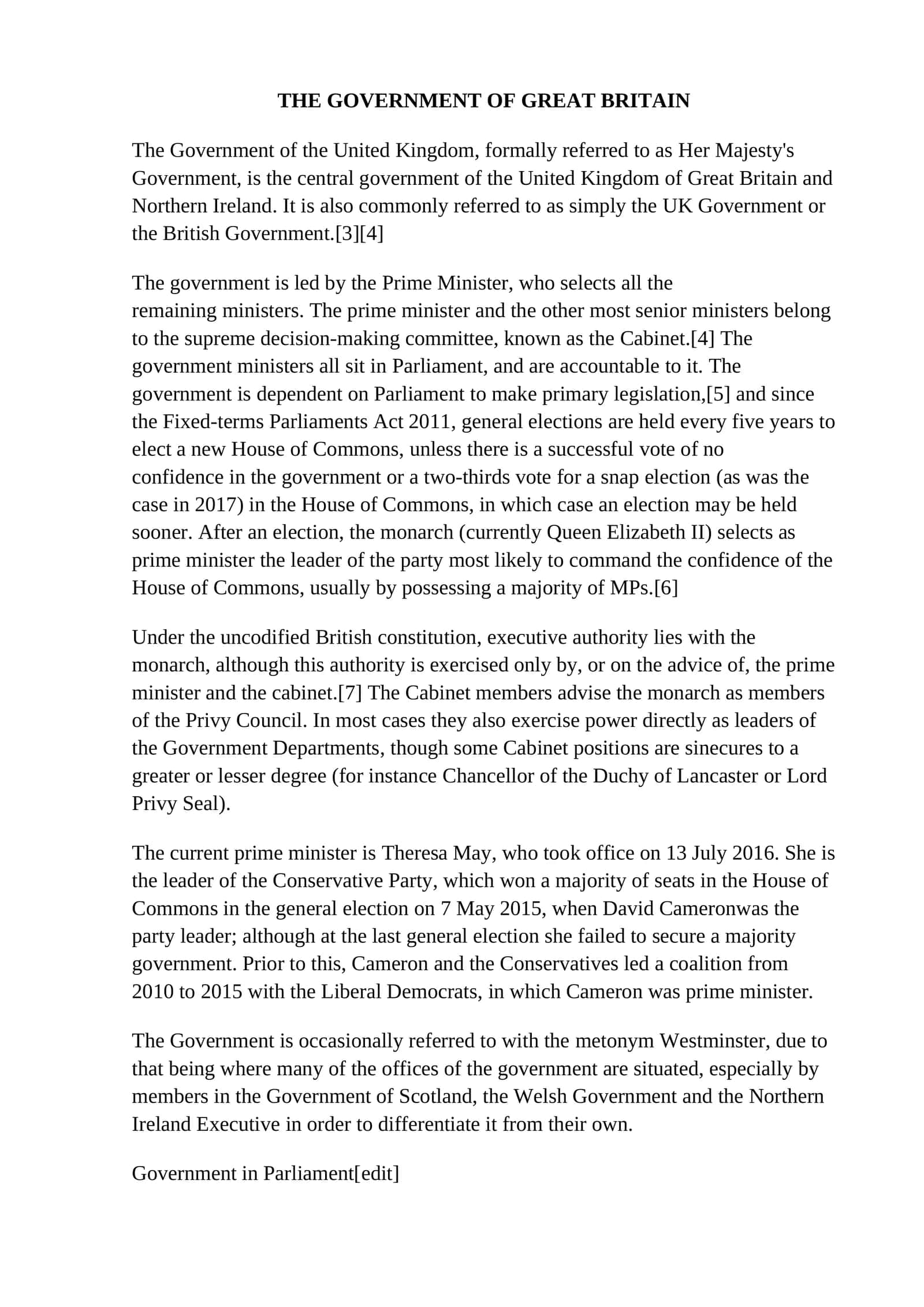 THE GOVERNMENT OF GREAT BRITAIN