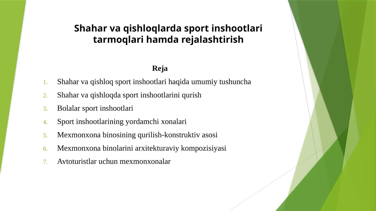 Shahar va qishloqlarda sport inshootlari tarmoqlari hamdarejalashtirish