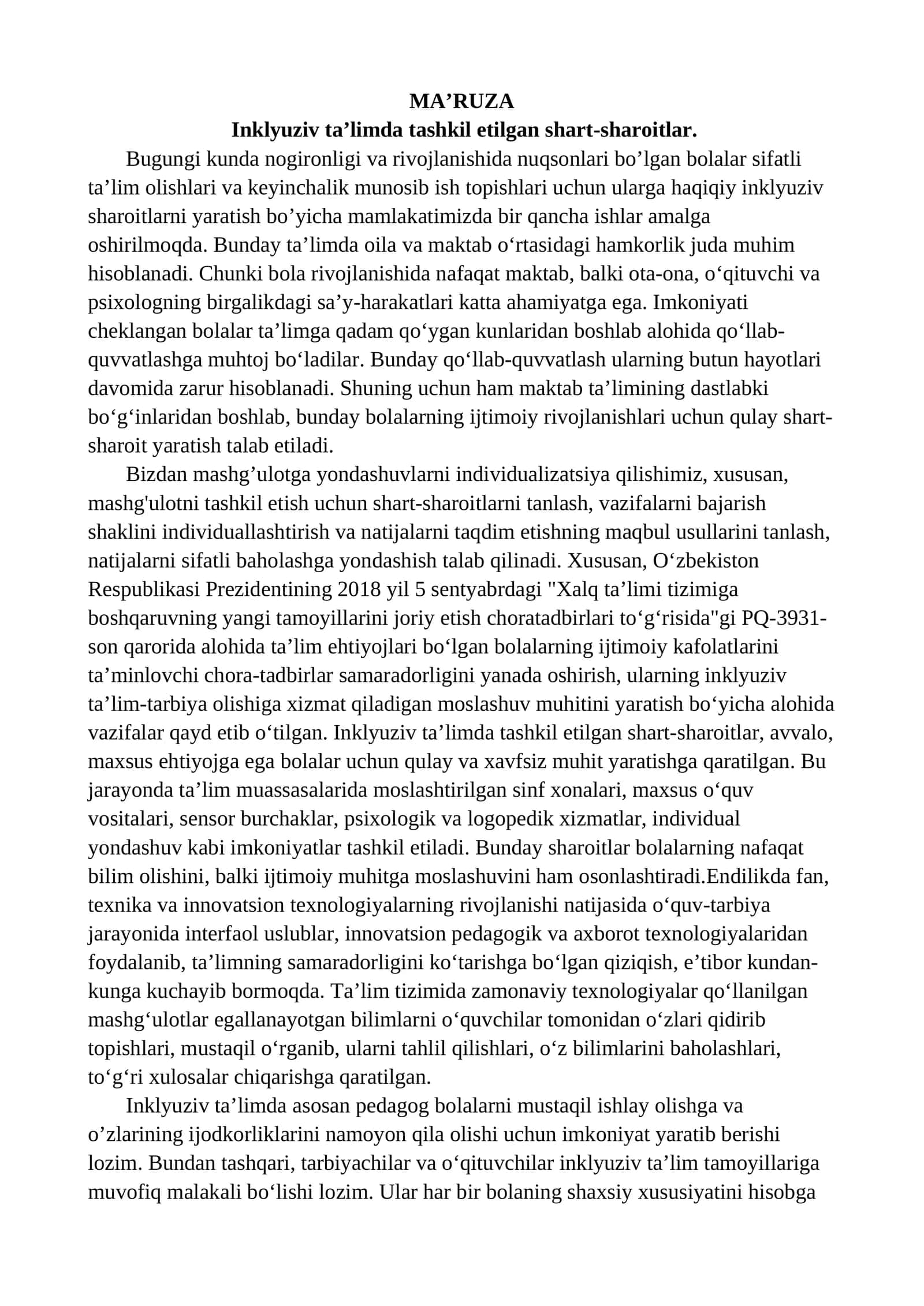 Inklyuziv ta’limda tashkil etilgan shart-sharoitlar.