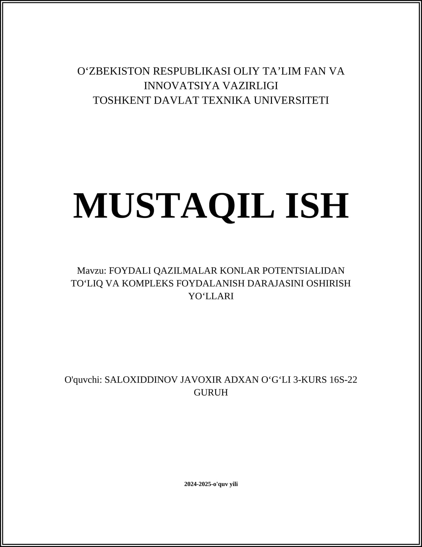 FOYDALI QAZILMALAR KONLAR POTENTSIALIDAN TOʻLIQ VA KOMPLEKS FOYDALANISH DARAJASINI OSHIRISH YOʻLLARI