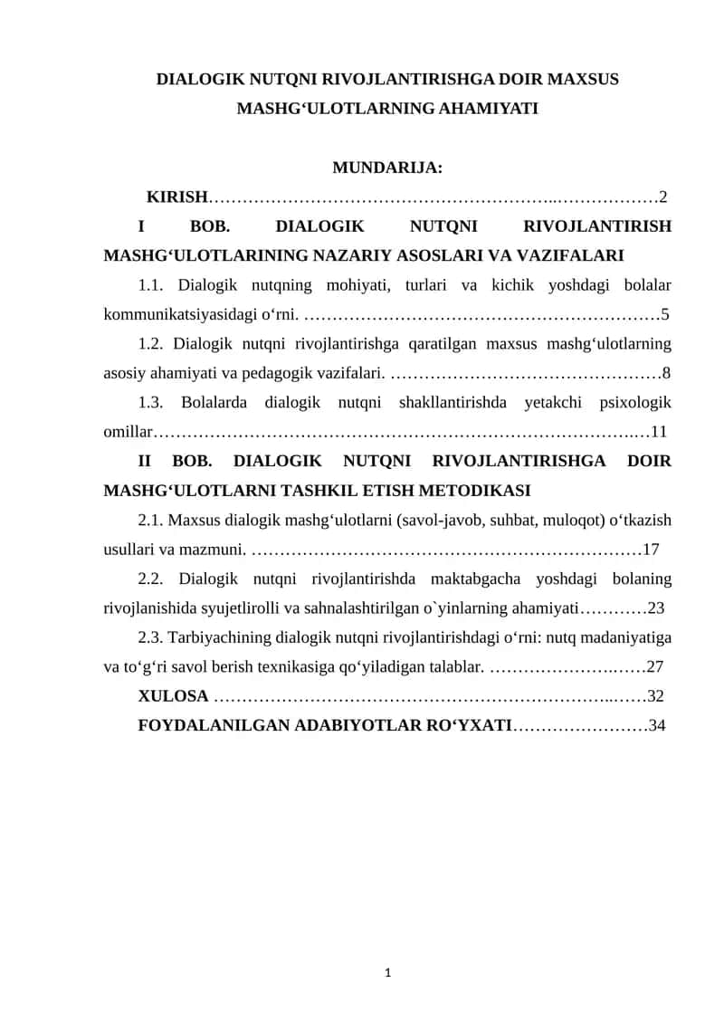 DIALOGIK NUTQNI RIVOJLANTIRISHGA DOIR MAXSUS MASHG‘ULOTLARNING AHAMIYATI