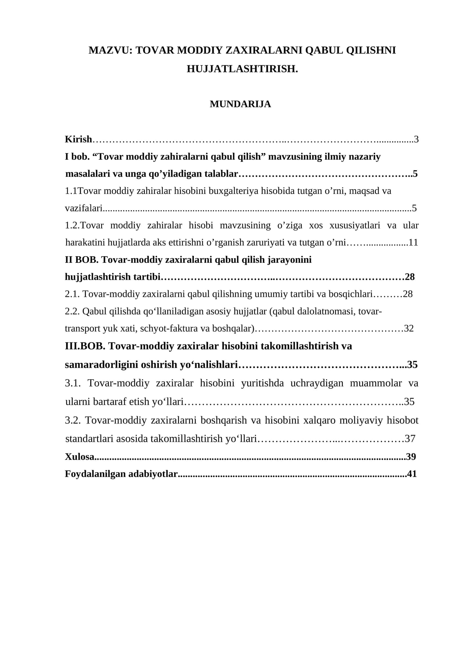 TOVAR MODDIY ZAXIRALARNI QABUL QILISHNI HUJJATLASHTIRISH