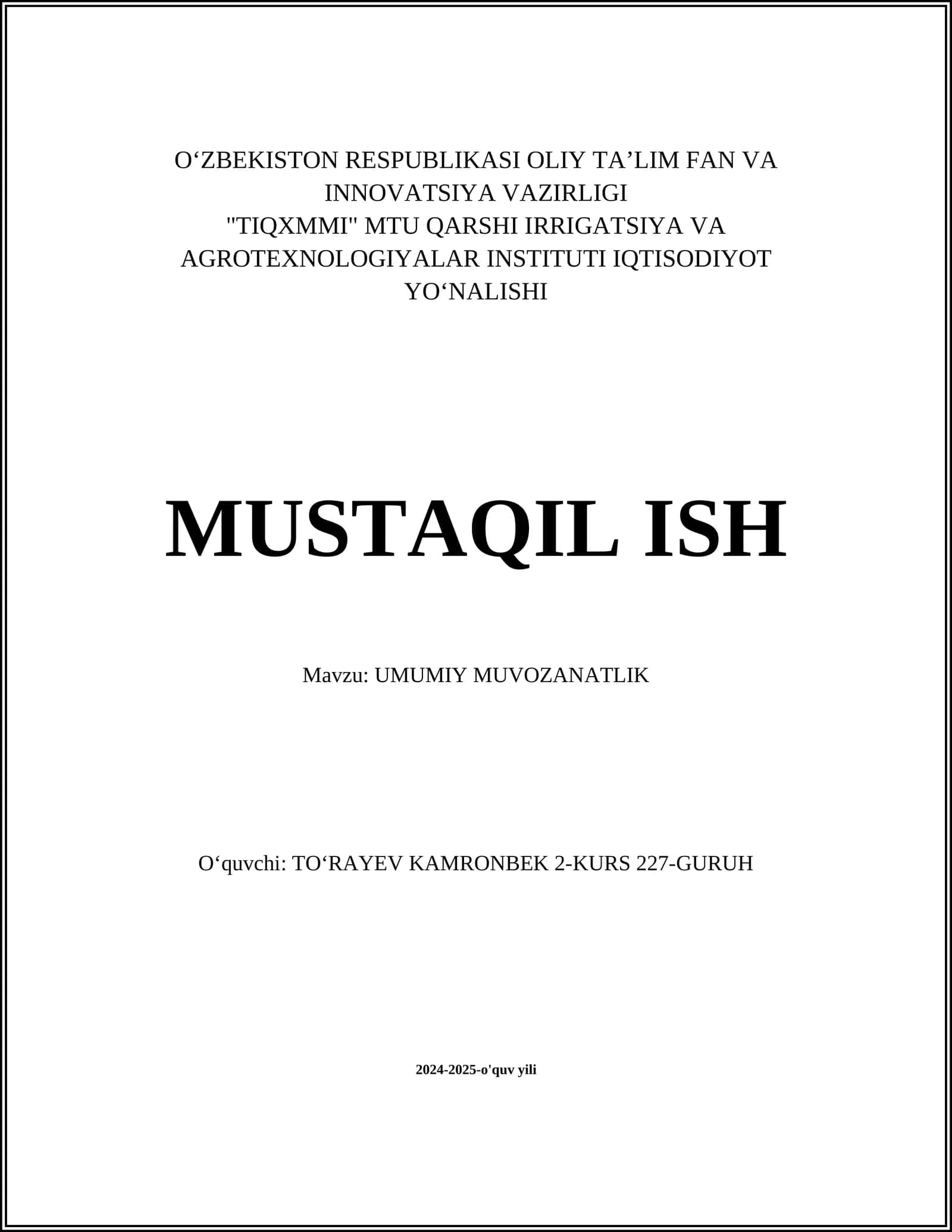 UMUMIY MUVOZANATLIK NAZARIYASI