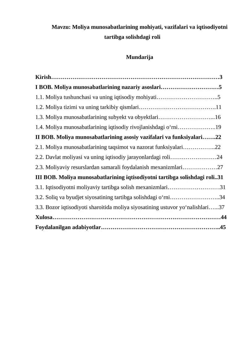 Moliya munosabatlarining mohiyati, vazifalari va iqtisodiyotni tartibga solishdagi rol