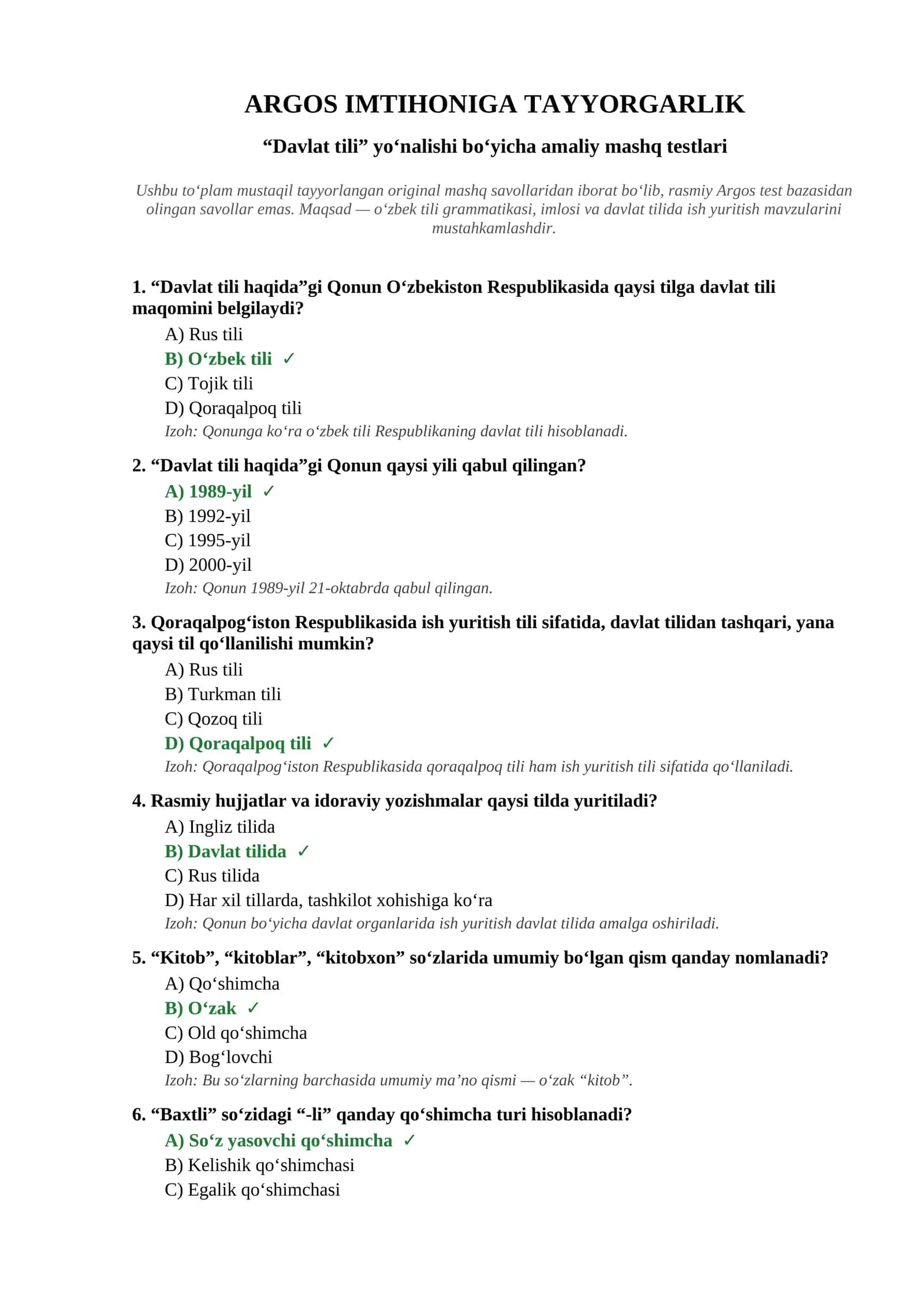 Davlat tili haqidagi test va javoblari