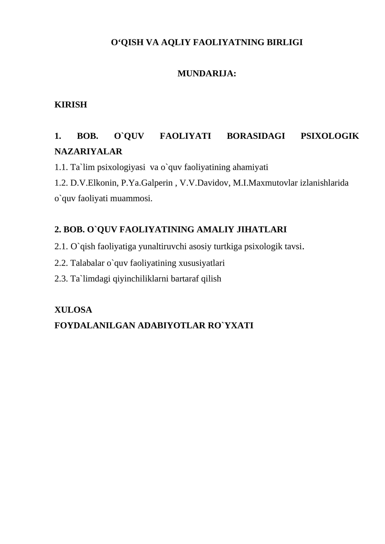 O`QISH VA AQLIY FAOLIYATNING BIRLIGI