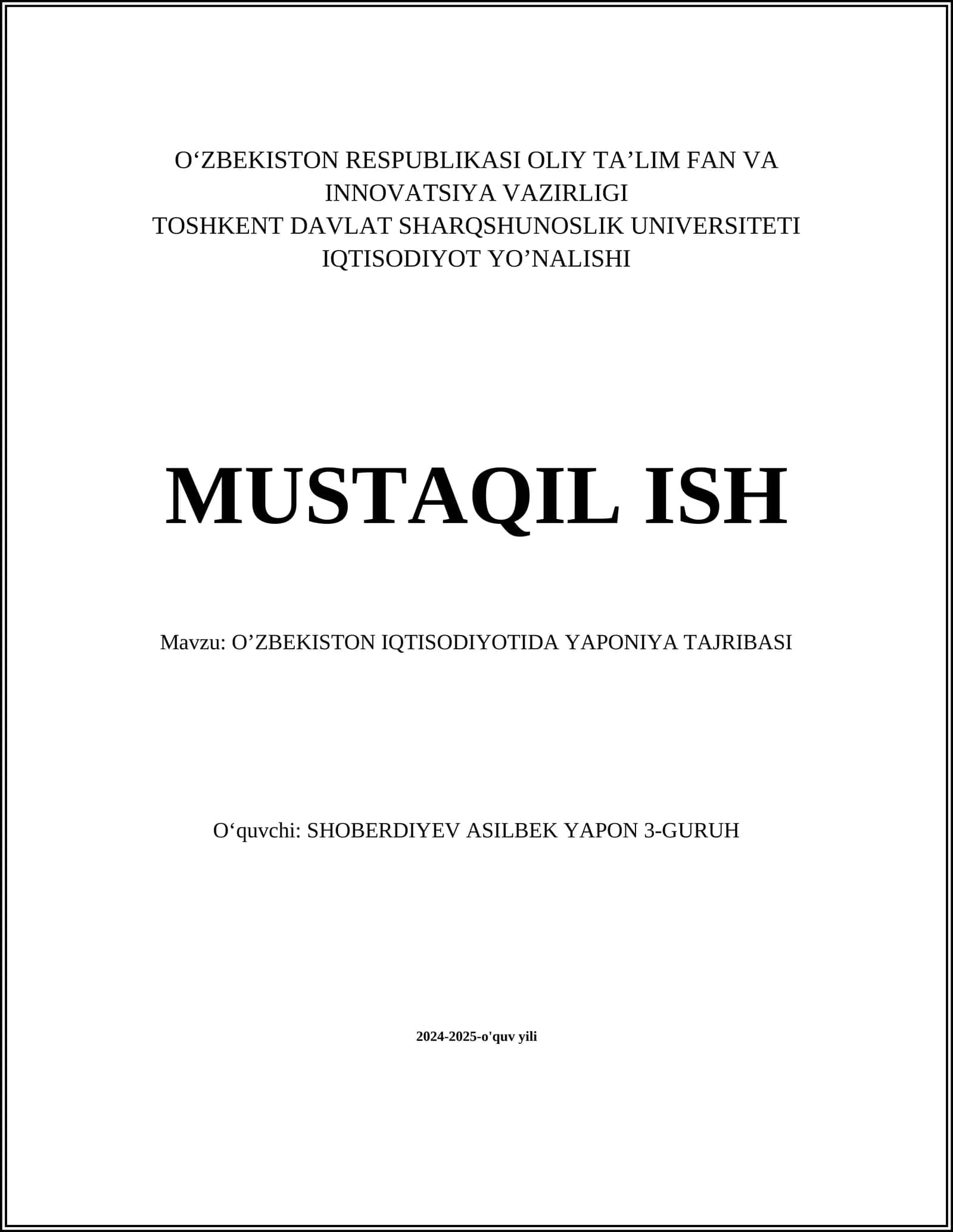 O’ZBEKISTON IQTISODIYOTIDA YAPONIYA TAJRIBASI