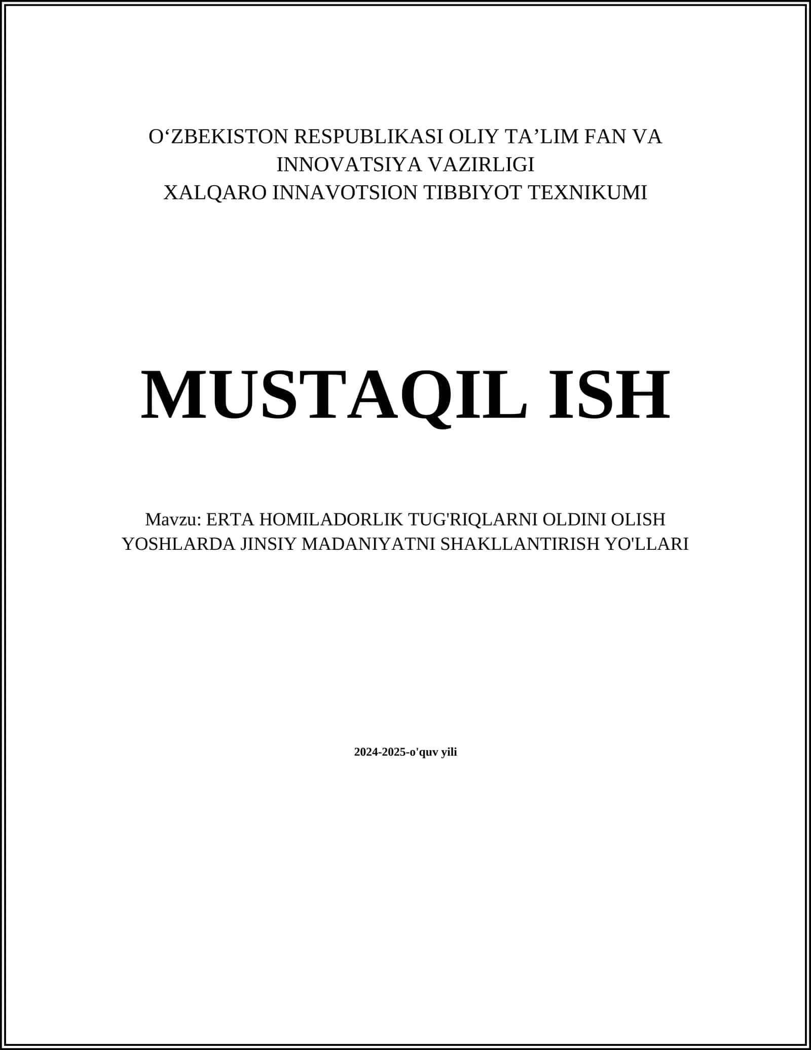 ERTA HOMILADORLIK TUG'RIQLARNI OLDINI OLISH YOSHLARDA JINSIY MADANIYATNI SHAKLLANTIRISH YO'LLARI