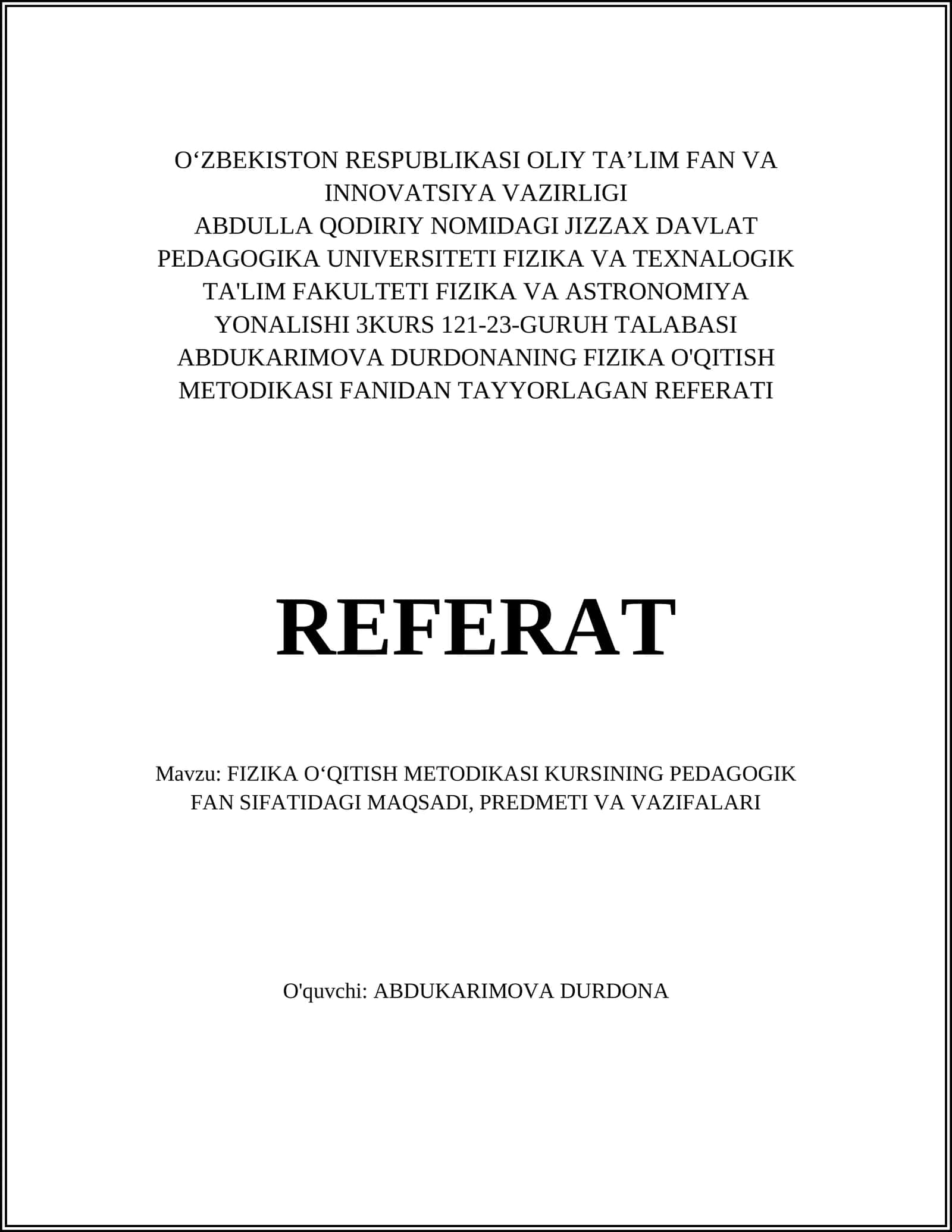 FIZIKA O'QITISH METODIKASI KURSI