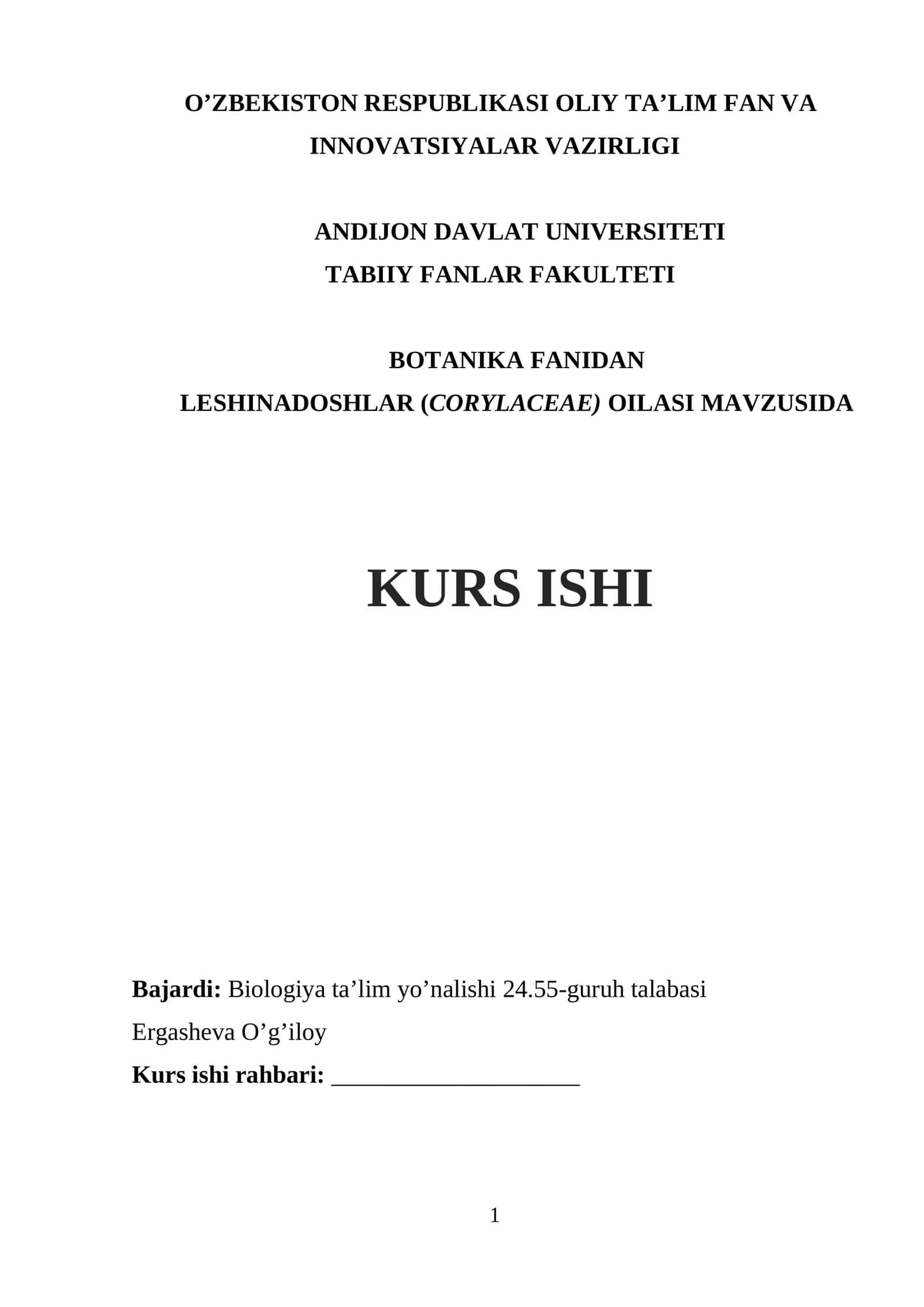 Leshinadoshlar (corylaceae) oilasi MAVZUSIDA KURS ISHI