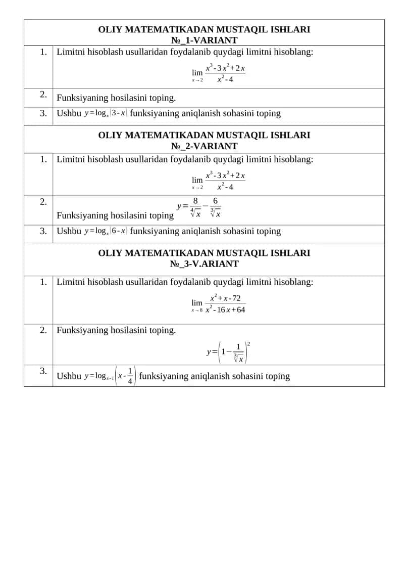 OLIY MATEMATIKADAN MUSTAQIL ISHLARI