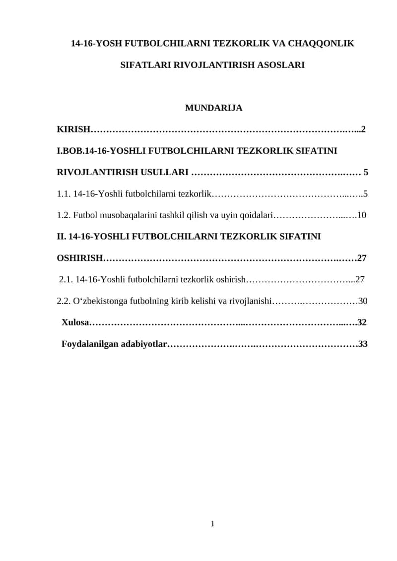 14-16-YOSH FUTBOLCHILARNI TEZKORLIK VA CHAQQONLIK SIFATLARI RIVOJLANTIRISH ASOSLARI