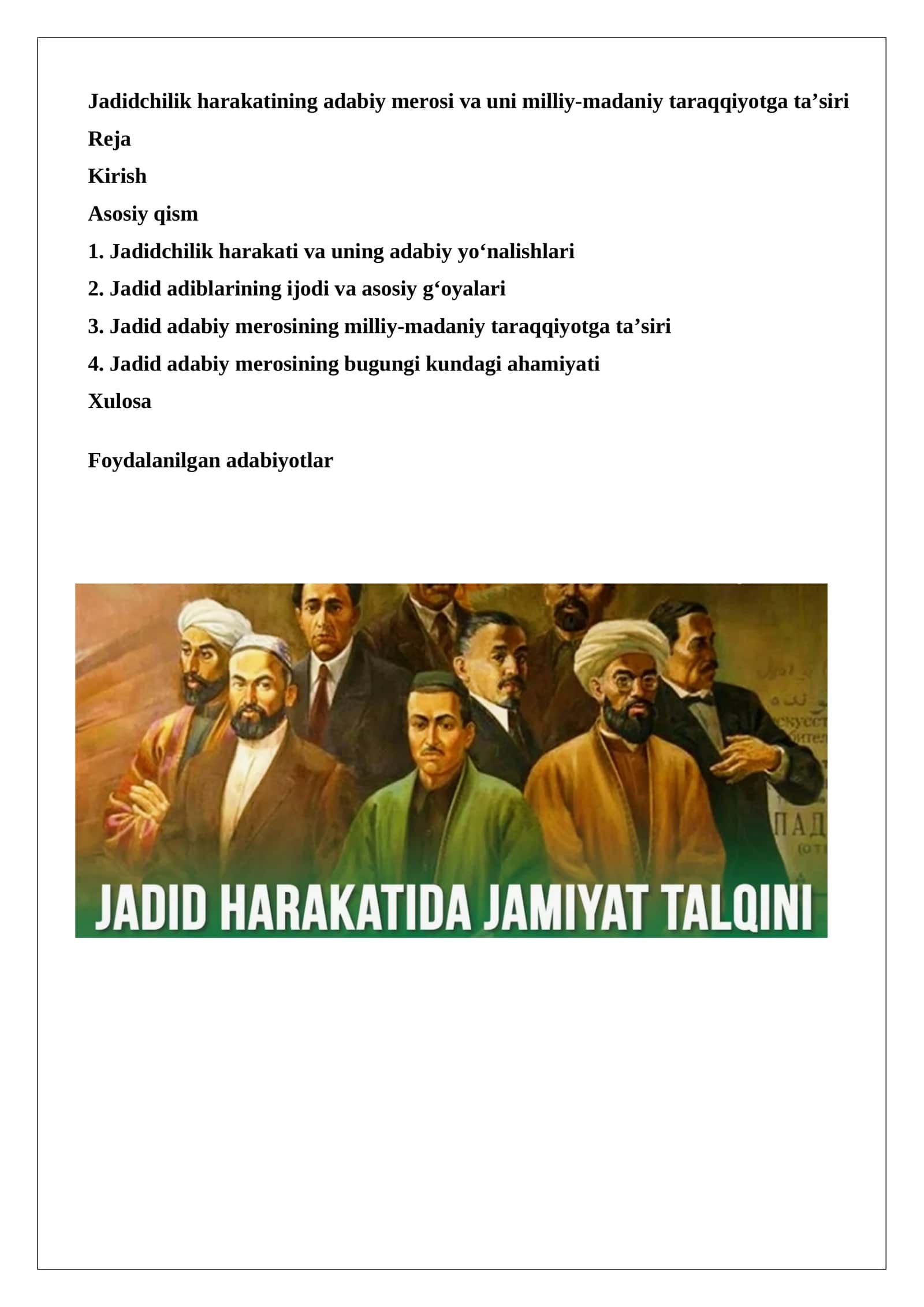 Jadidchilik harakatining adabiy merosi va uni milliy-madaniy taraqqiyotga ta’siri