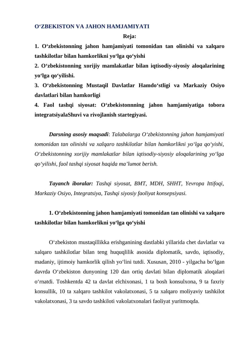O‘ZBEKISTON VA JAHON HAMJAMIYATI