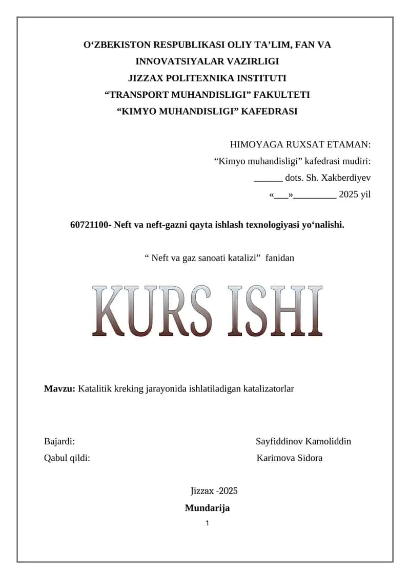 Katalitik kreking jarayonida ishlatiladigan katalizatorlar