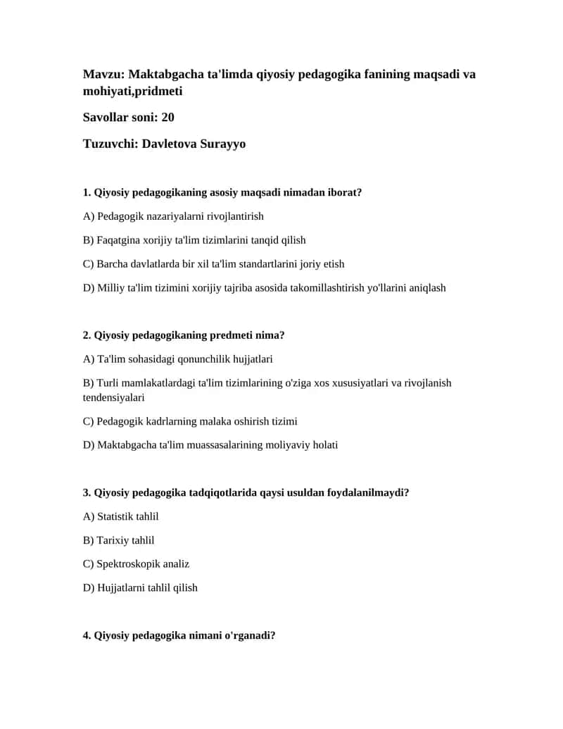 Qiyosiy Pedagogika Fanining Maqsadi va Mohiyati