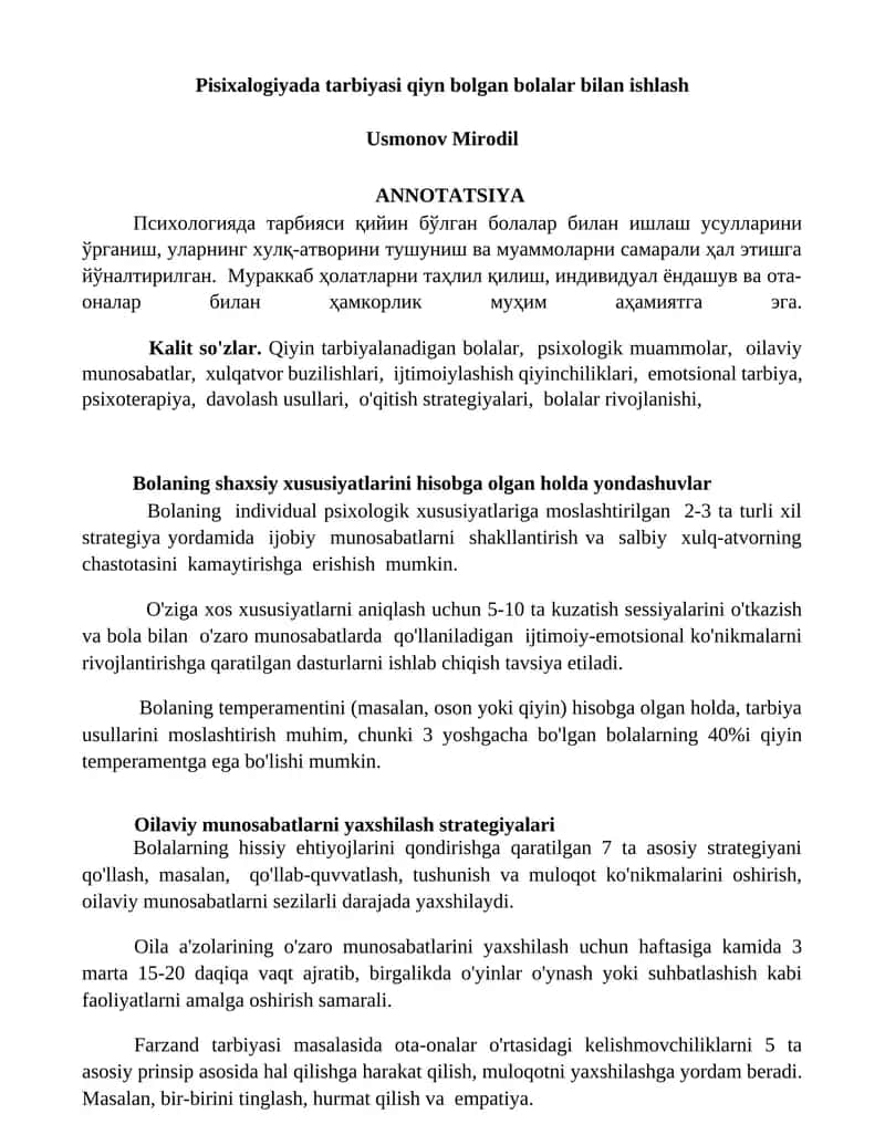 Pisixalogiyada tarbiyasi qiyn bolgan bolalar bilan ishlash