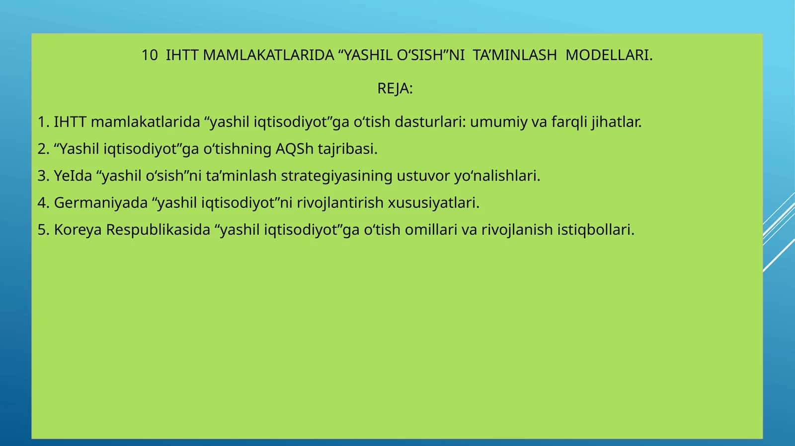 IHTT MAMLAKATLARIDA “YASHIL O‘SISH”NI TA’MINLASH MODELLARI
