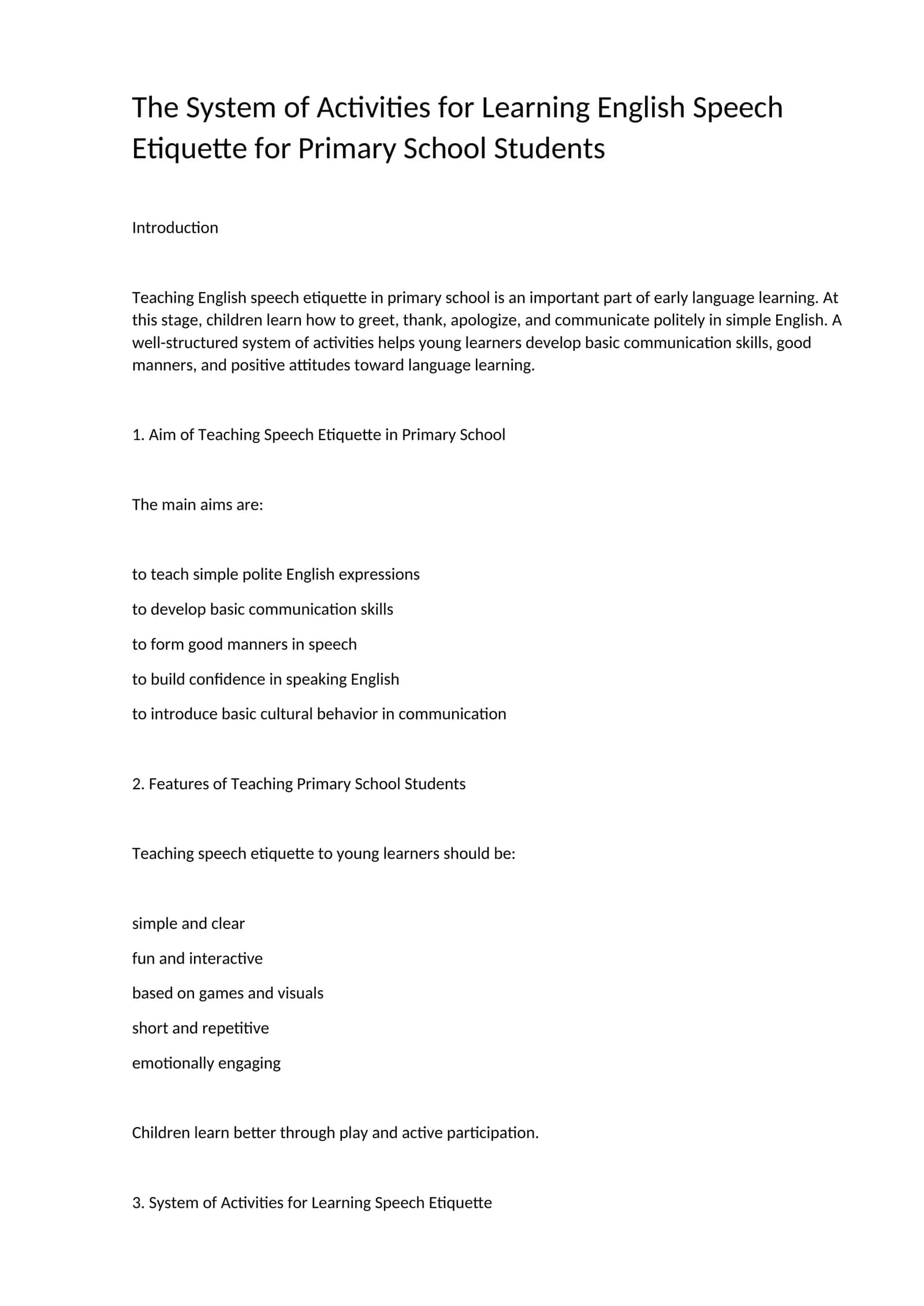 The System of Activities for Learning English Speech Etiquette for Primary School Students