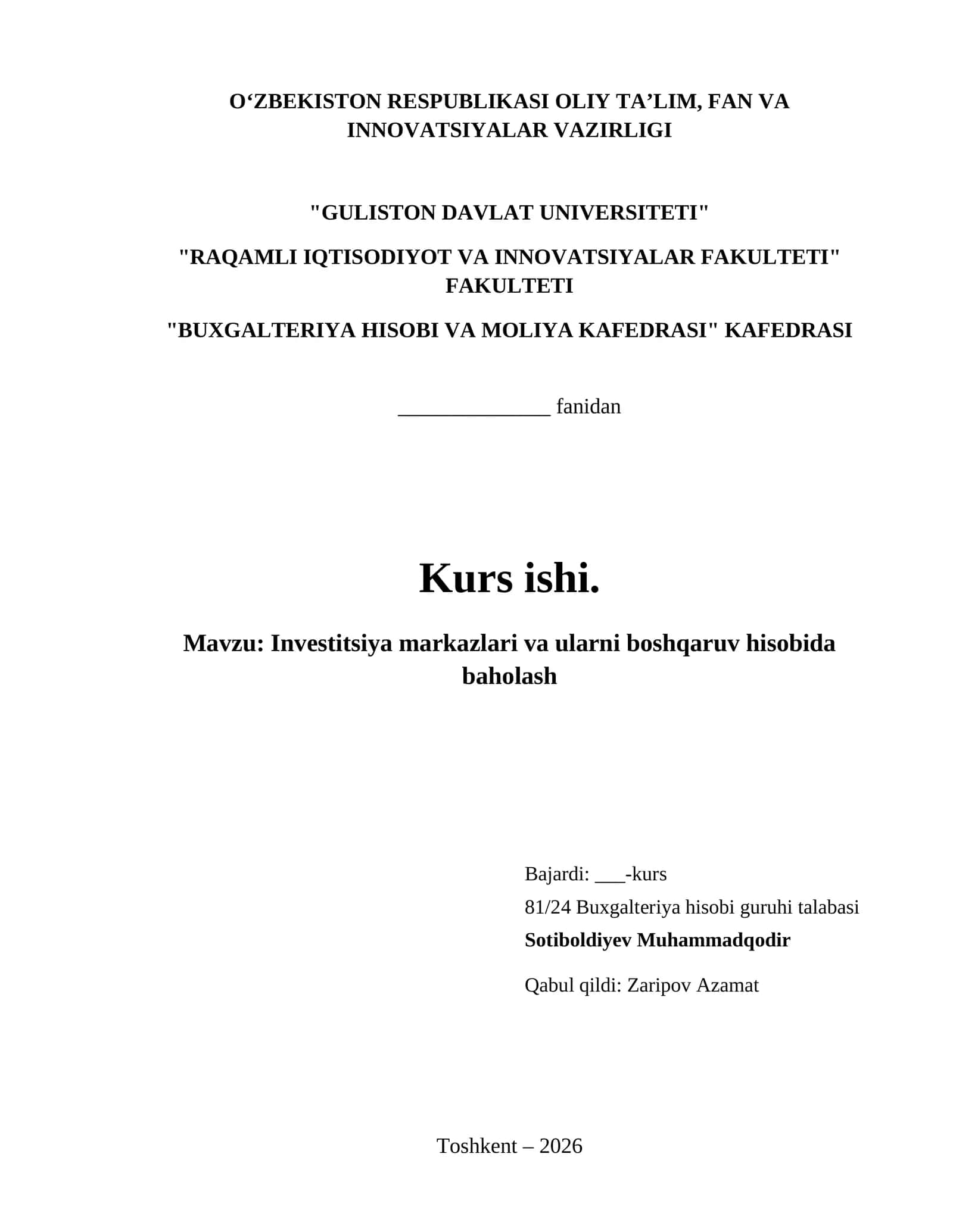Investitsiya markazlari va ularni boshqaruv hisobida baholash