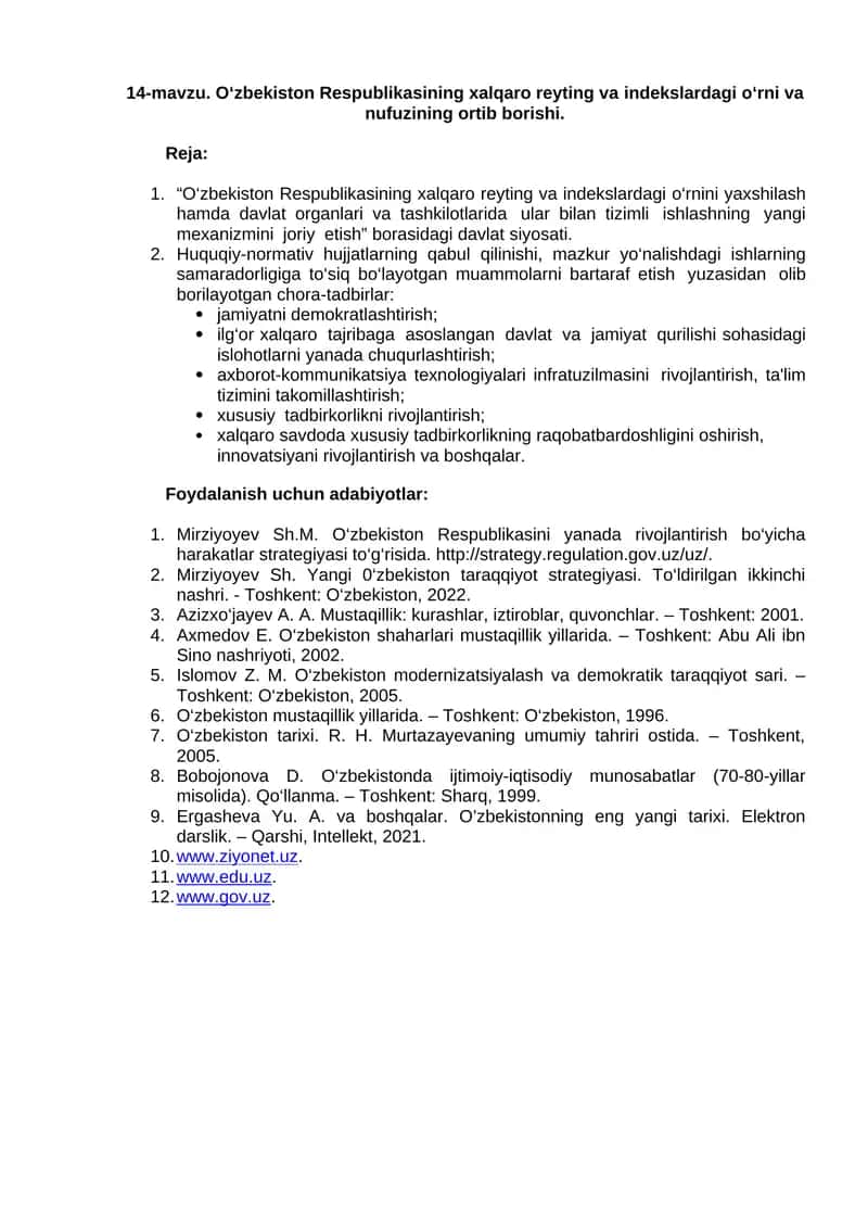 O‘zbekiston Respublikasining xalqaro reyting va indekslardagi o‘rni va nufuzining ortib borishi