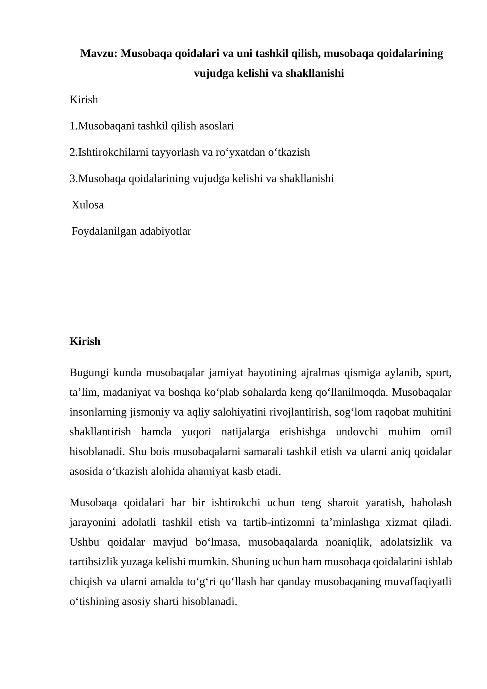 Musobaqa qoidalari va uni tashkil qilish