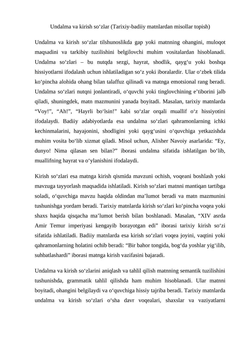 Undalma va kirish so‘zlar (Tarixiy-badiiy matnlardan misollar topish)