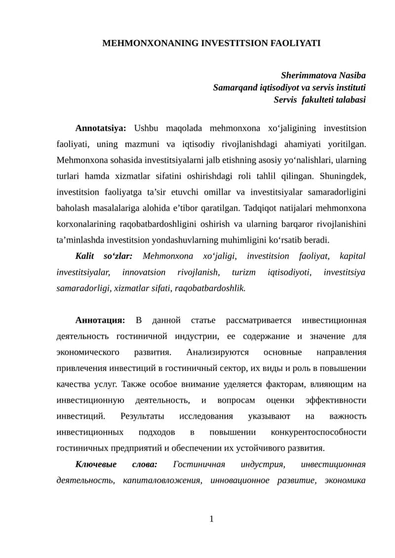 MEHMONXONANING INVESTITSION FAOLIYATI