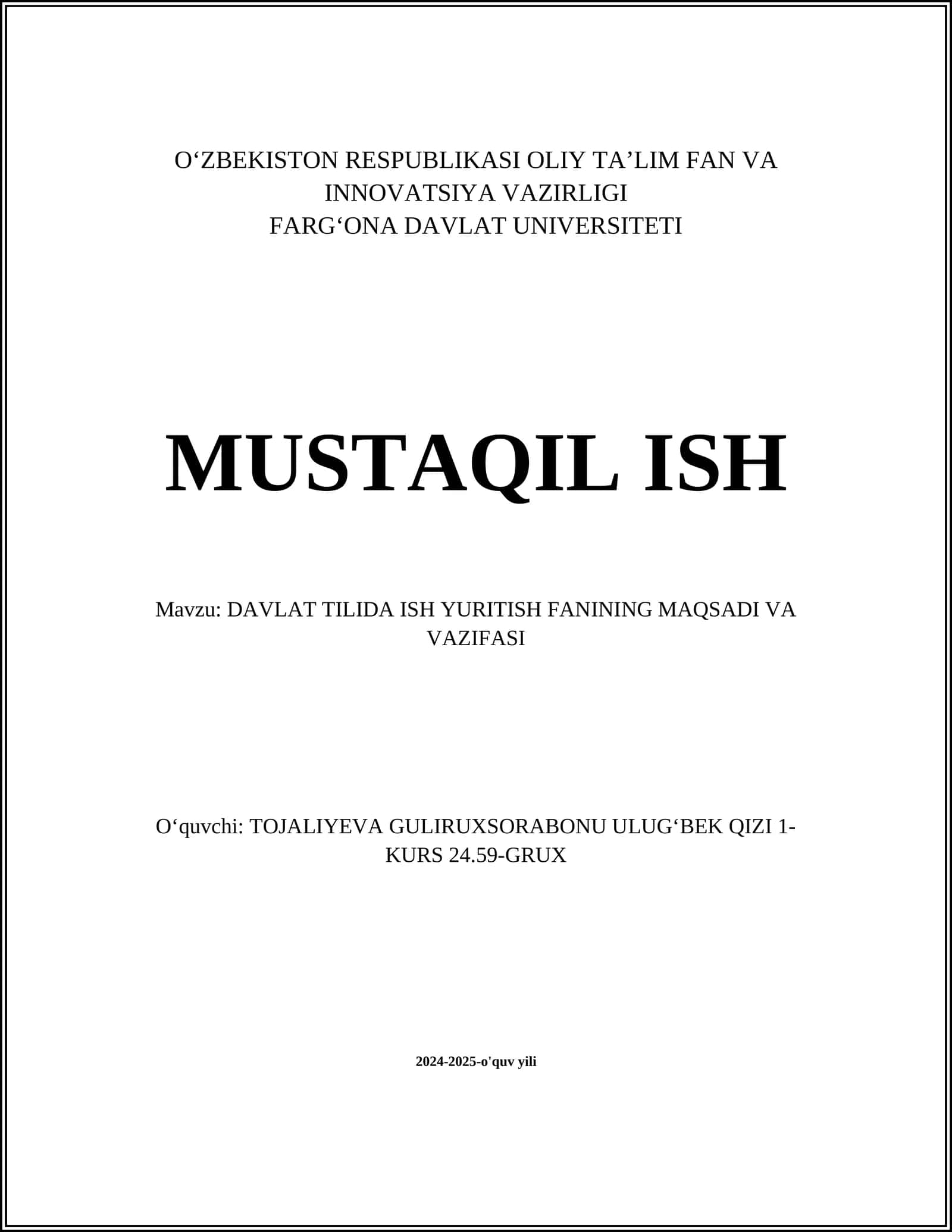 DAVLAT TILIDA ISH YURITISH FANINING MAQSADI VA VAZIFASI
