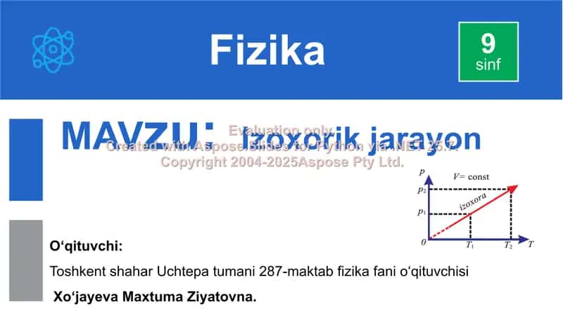 O'zgarmas hajmda berilgan massali gaz bosimi va temperaturaning o'zgarishi