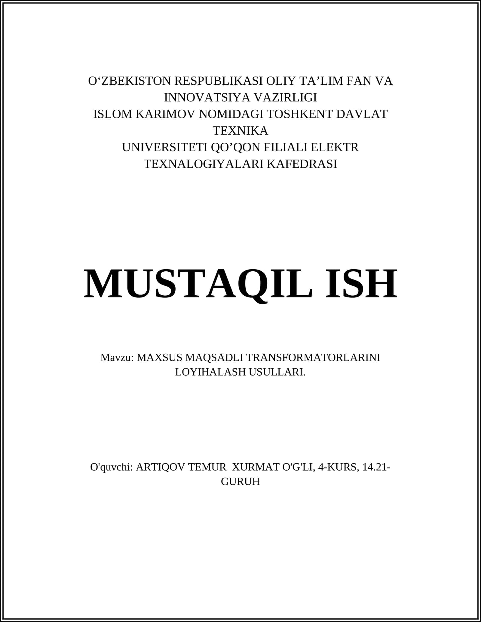 MAXSUS MAQSADLI TRANSFORMATORLARINI LOYIHALASH USULLARI