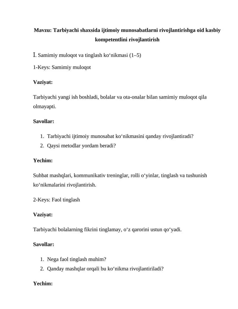Tarbiyachi shaxsida ijtimoiy munosabatlarni rivojlantirishga oid kasbiy kompetentlini rivojlantirish