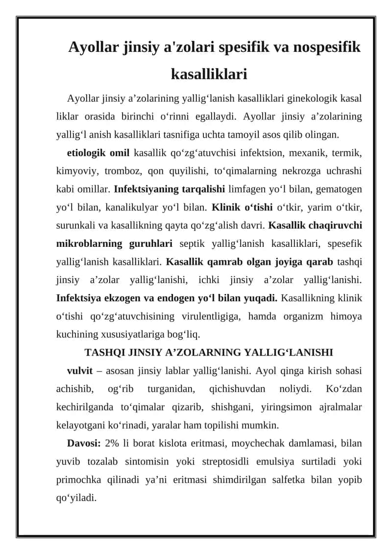 Ayollar jinsiy a'zolari spesifik va nospesifik kasalliklari