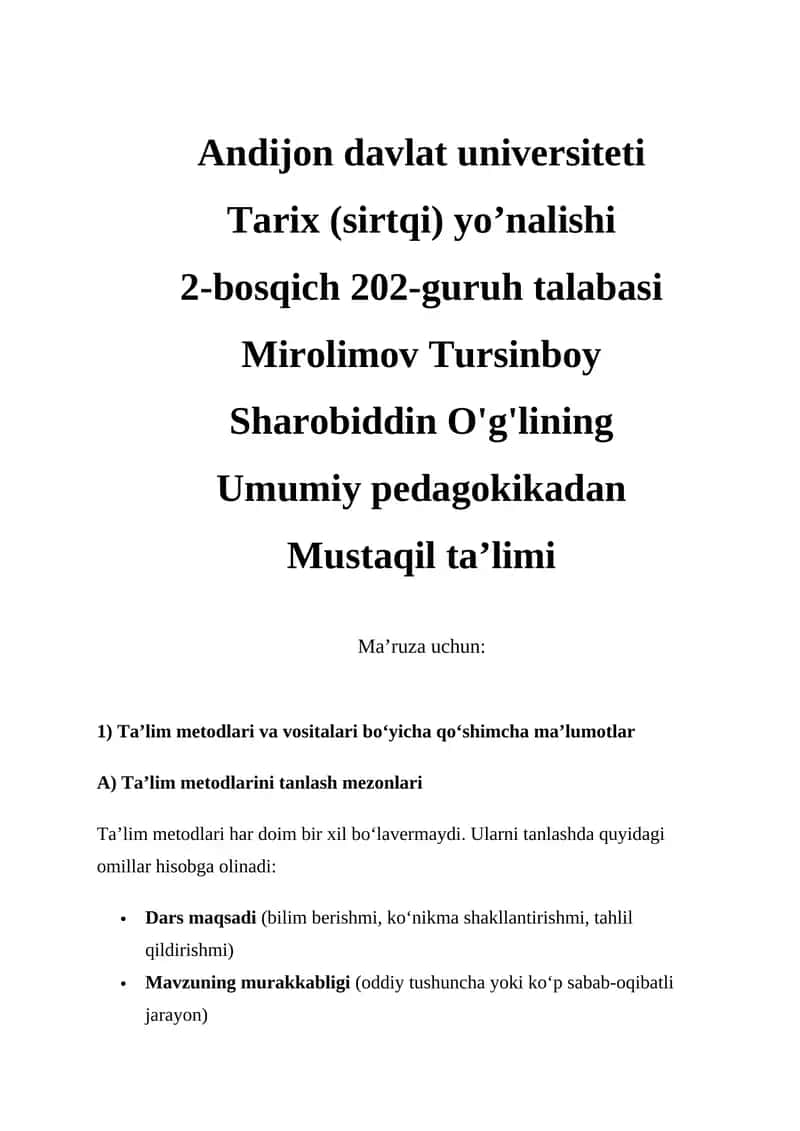 Ta'lim metodlari va vositalari bo‘yicha qo‘shimcha ma’lumotlar