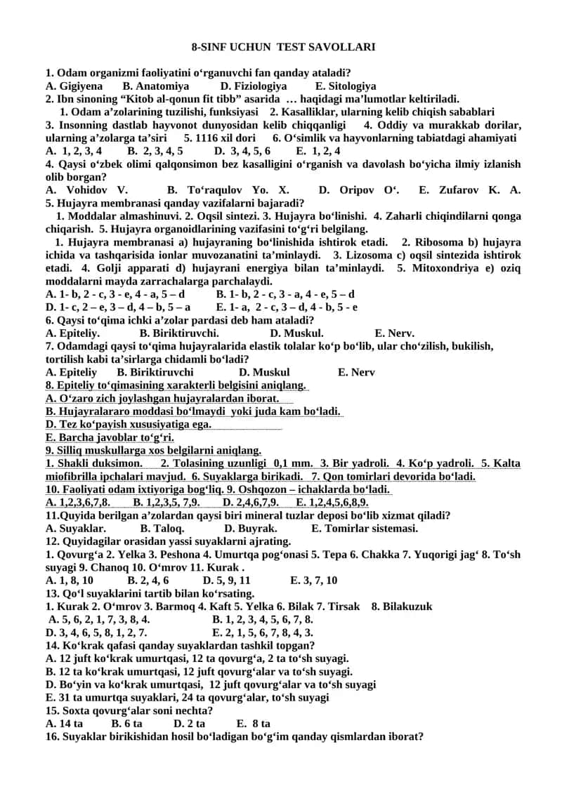 8-SINF UCHUN TEST SAVOLLARI