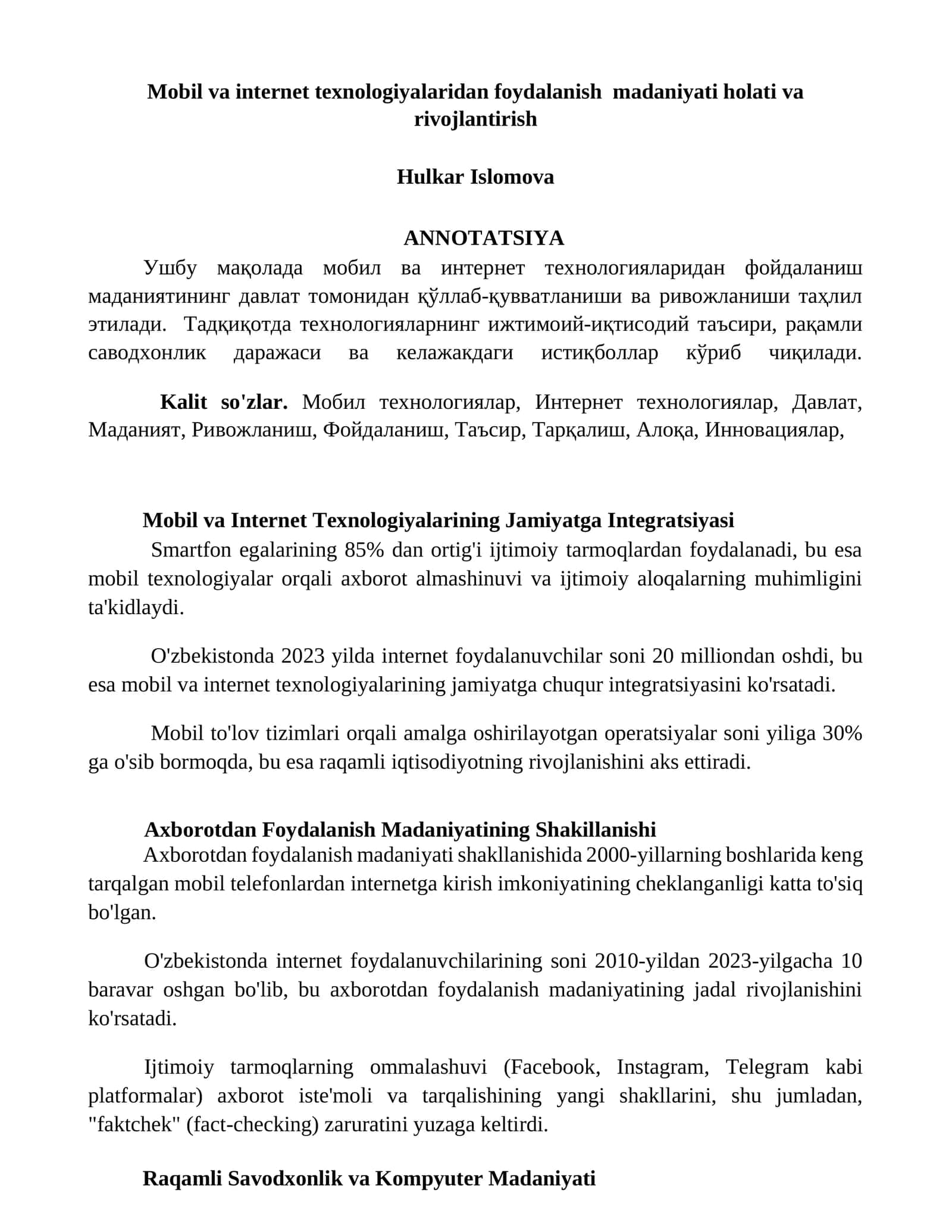 Mobil va Internet Texnologiyalaridan Foydalanish Madaniyati Holati va Rivojlantirish