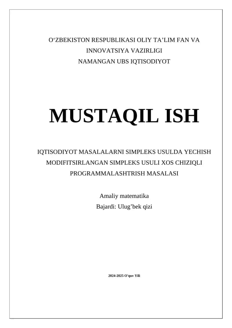 Iqtisodiyot Masalalarni Simpleks Usulda Yechish Modifikitsirlangan Simpleks Usuli Xos Chiziq Programmalashtirish Masalasi