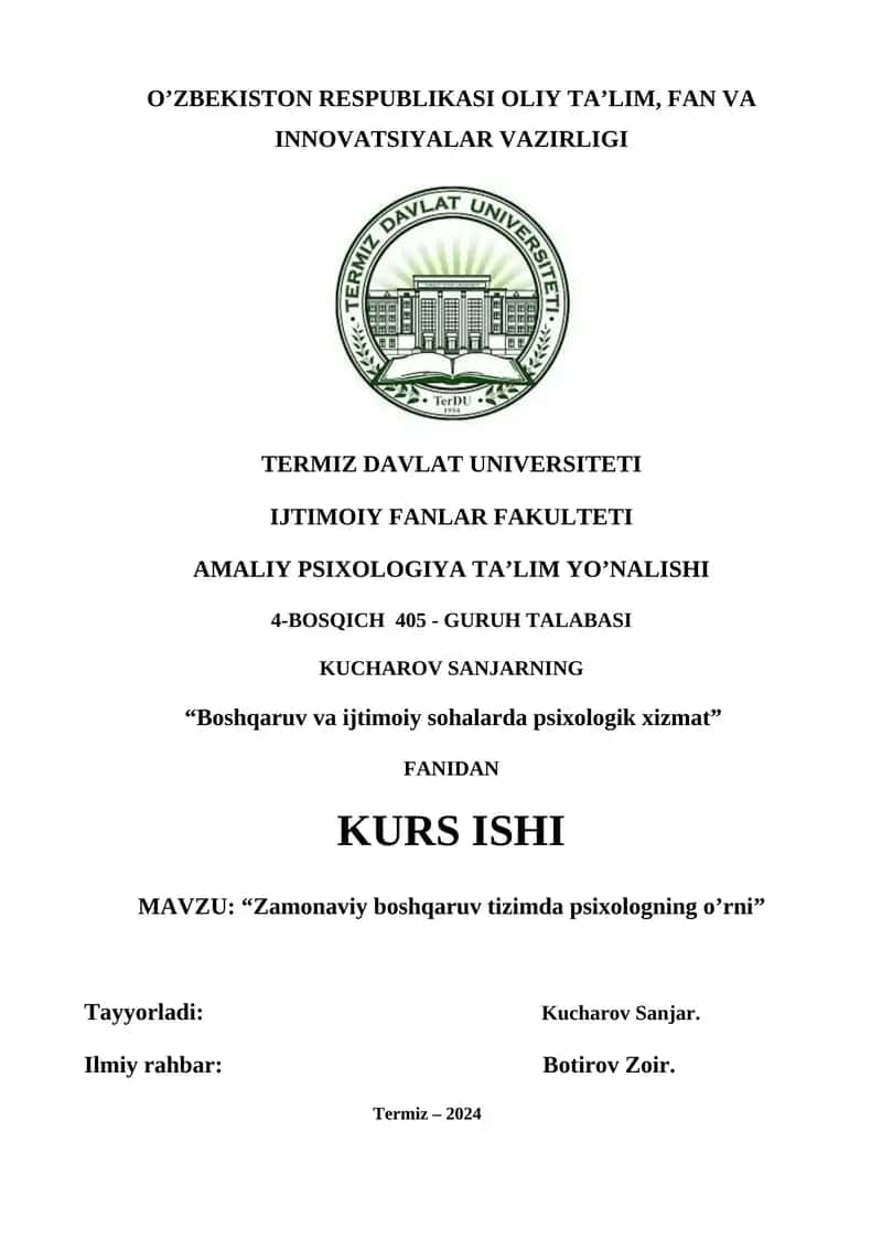 “Zamonaviy boshqaruv tizimda psixologning o’rni”