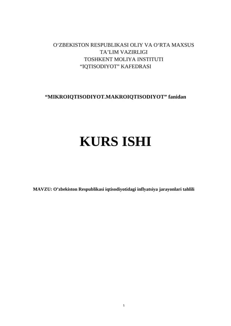O’zbekiston Respublikasi iqtisodiyotidagi inflyatsiya jarayonlari tahlili