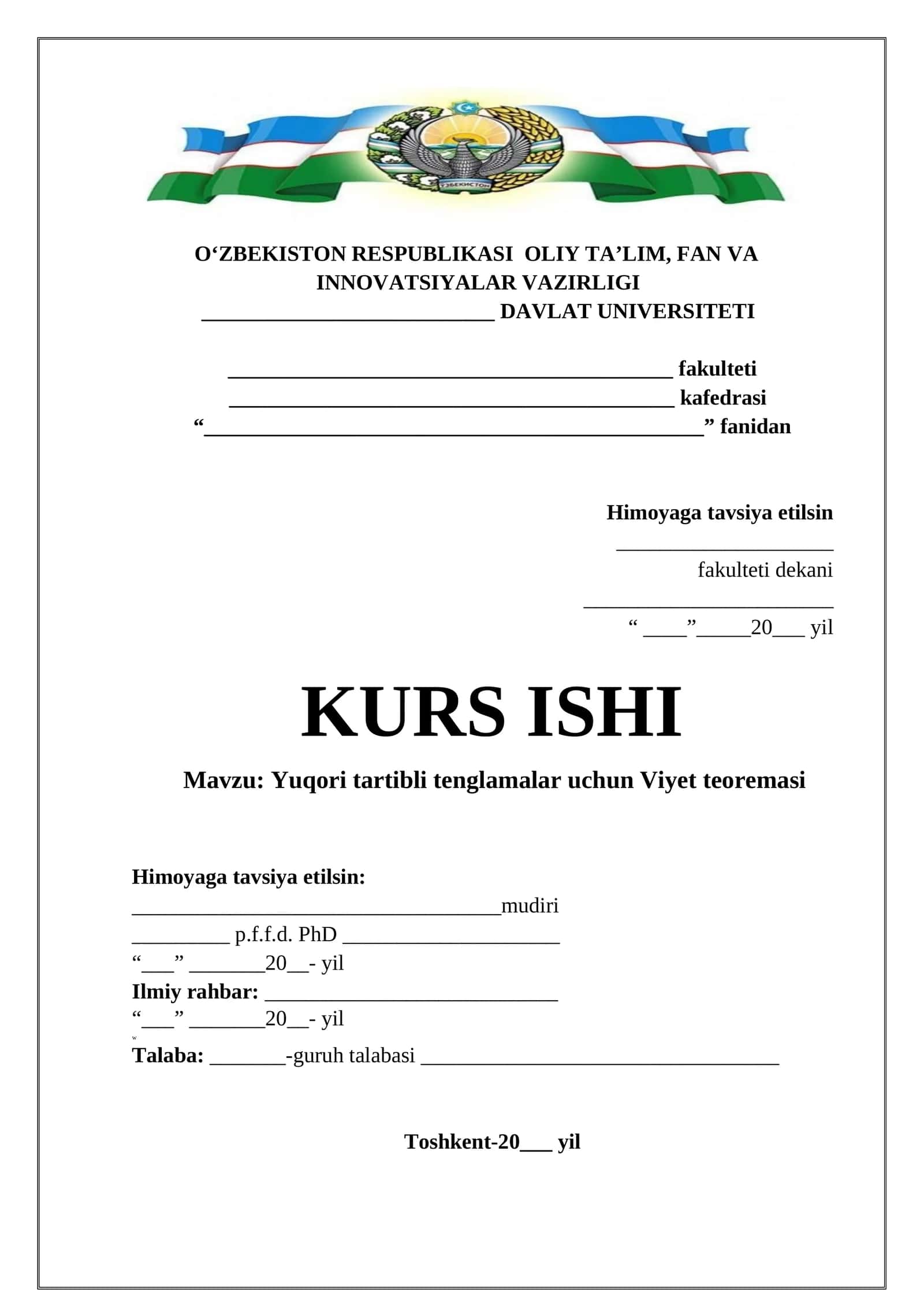 Yuqori tartibli tenglamalar uchun Viyet teoremasi