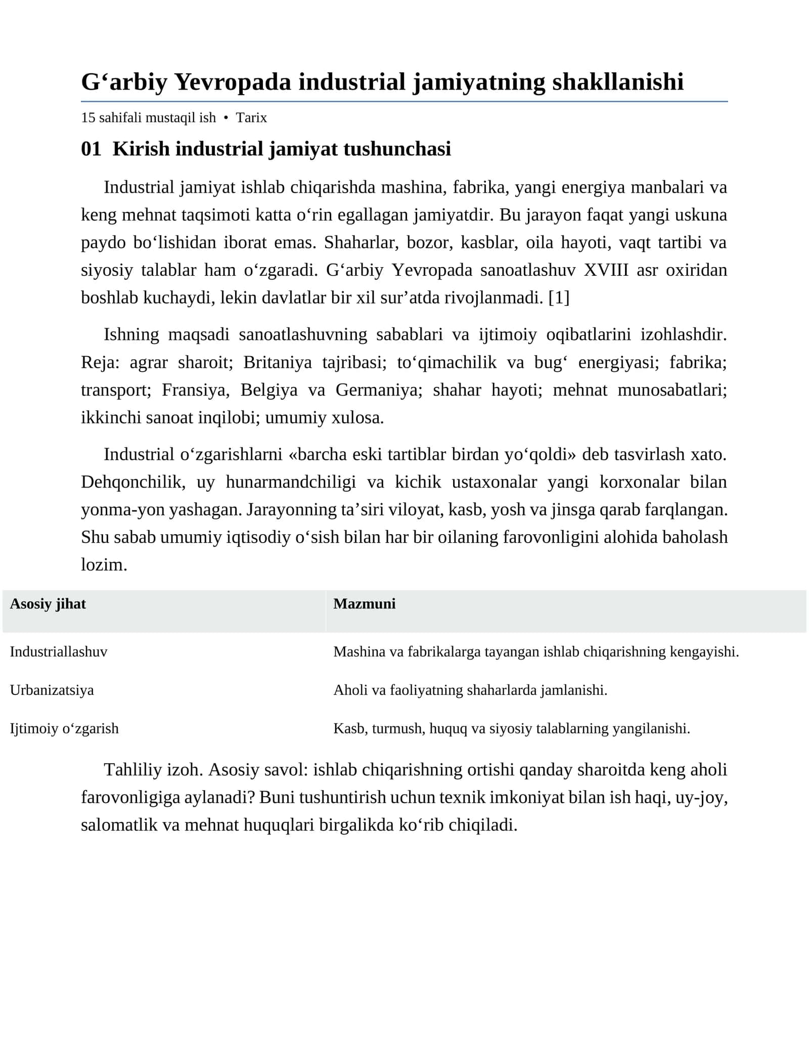 G‘arbiy Yevropada industrial jamiyatning shakllanishi