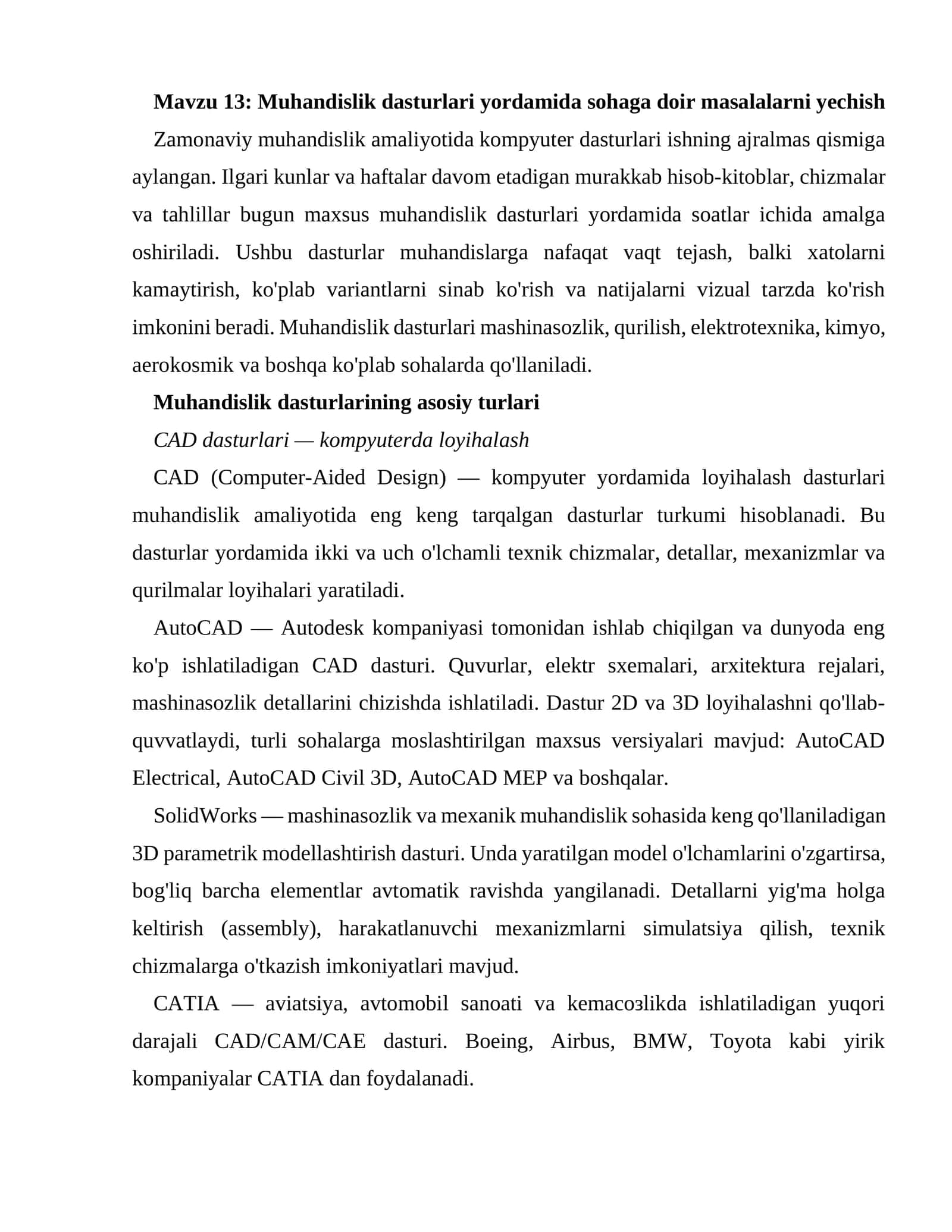 Muhandislik dasturlari yordamida sohaga doir masalalarni yechish