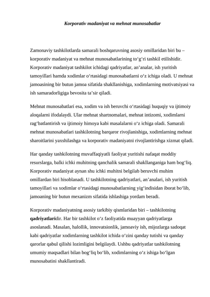 Korporativ madaniyat va mehnat munosabatlar