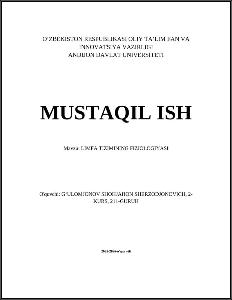 LIMFA TIZIMINING FIZIOLOGIYASI