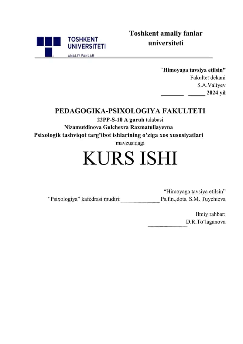 Psixologik tashviqot targ’ibot ishlarining o’ziga xos xususiyatlari.