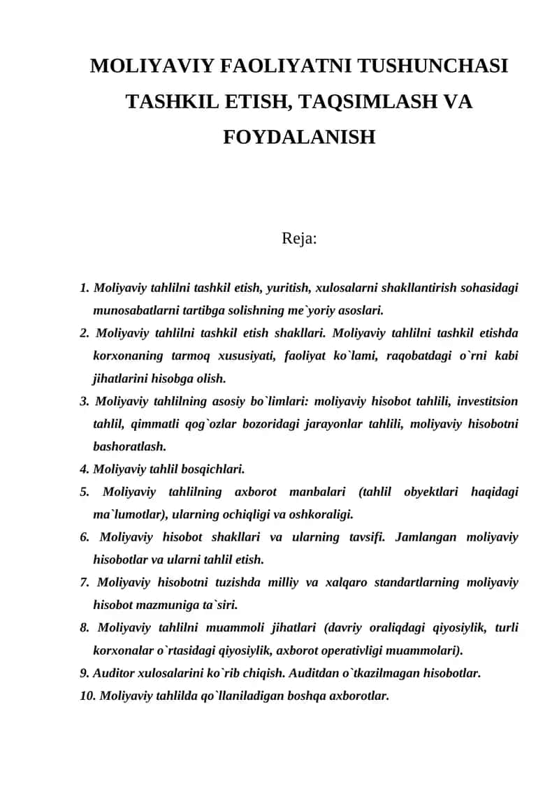 Moliyaviy faoliyatni tushunchasi tashkil etish, taqsimlash va foydalanish