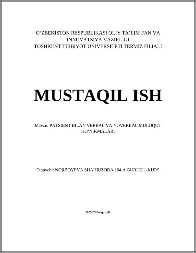 PATSIENT BILAN VERBAL VA NOVERBAL MULOQOT KOʻNIKMALARI