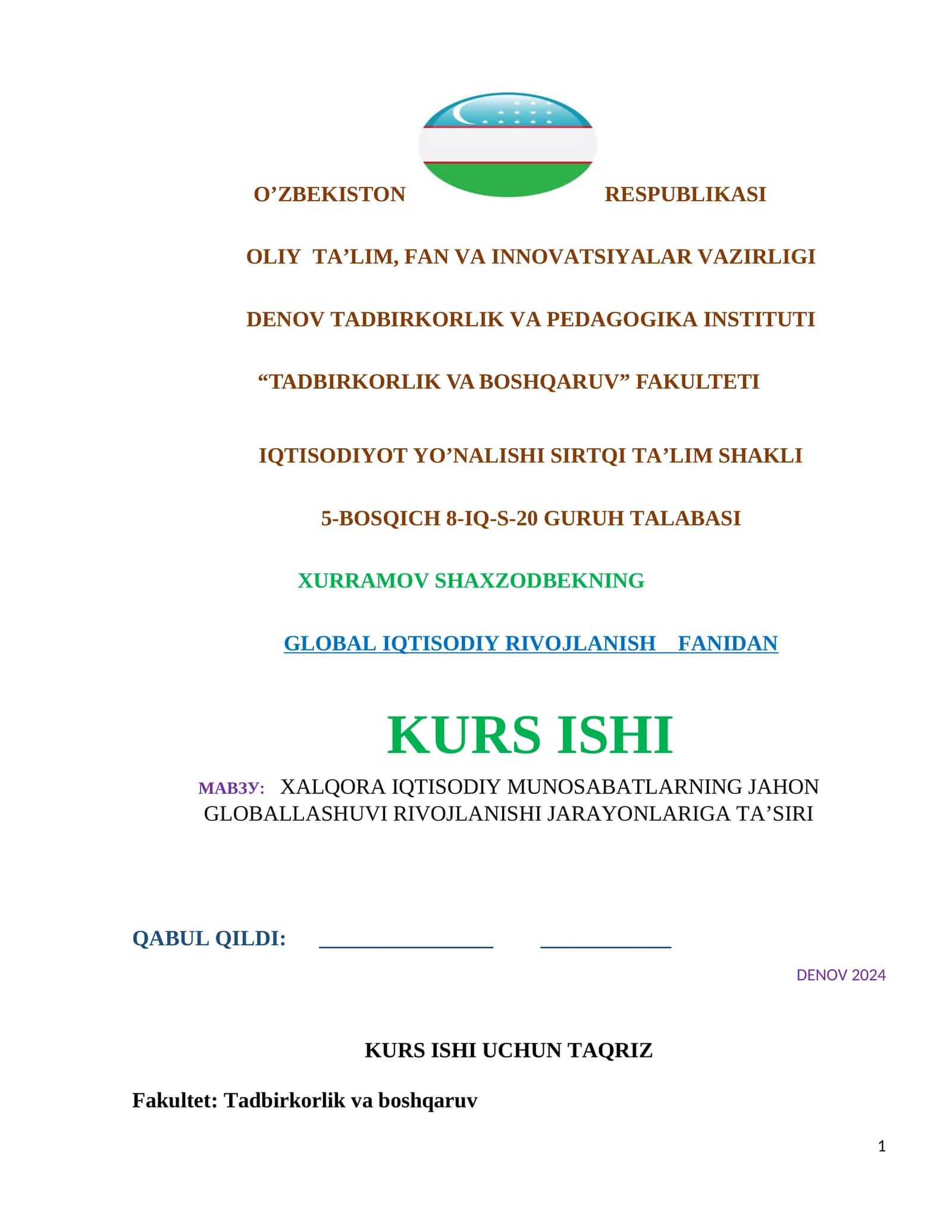 GLOBAL IQTISODIY RIVOJLANISH FANIDAN