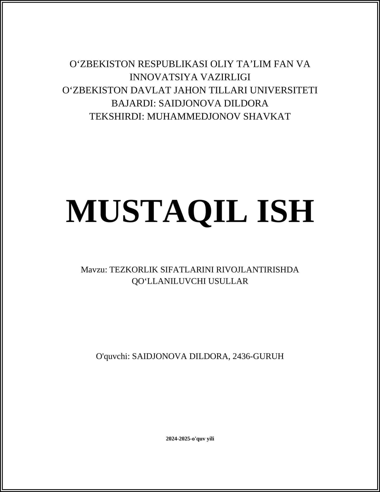 TEZKORLIK SIFATLARINI RIVOJLANTIRISHDA QOʻLLANILUVCHI USULLAR